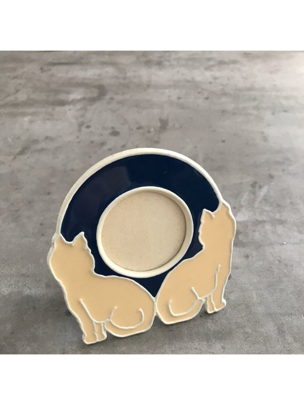 Kitty Cat Mini Frame Enamel Metal Round Photo Blue Cream Minimalist Kitsch Decor